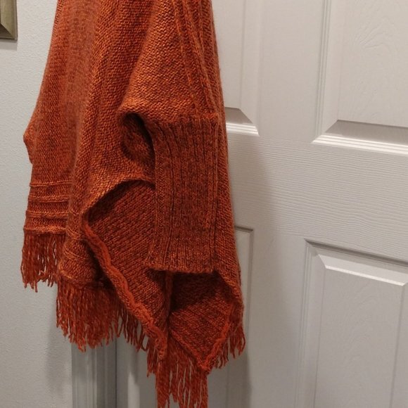 Poncho Oversized Pullover Knit 3/4 Batwing Sleeve Heathered Gray Orange - Picture 4 of 5